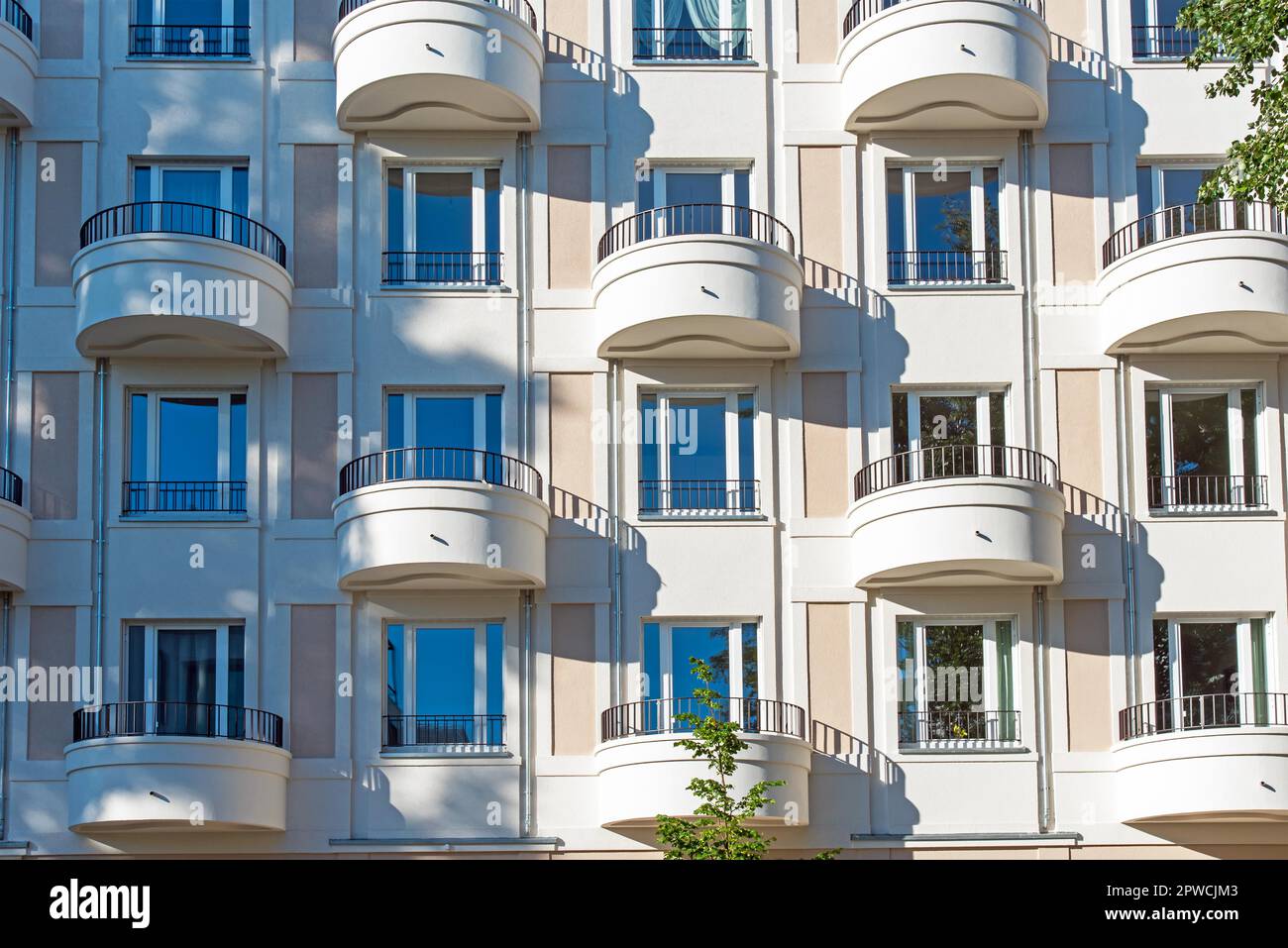 Facade of a modern apartment building in Berlin with round balconies ...