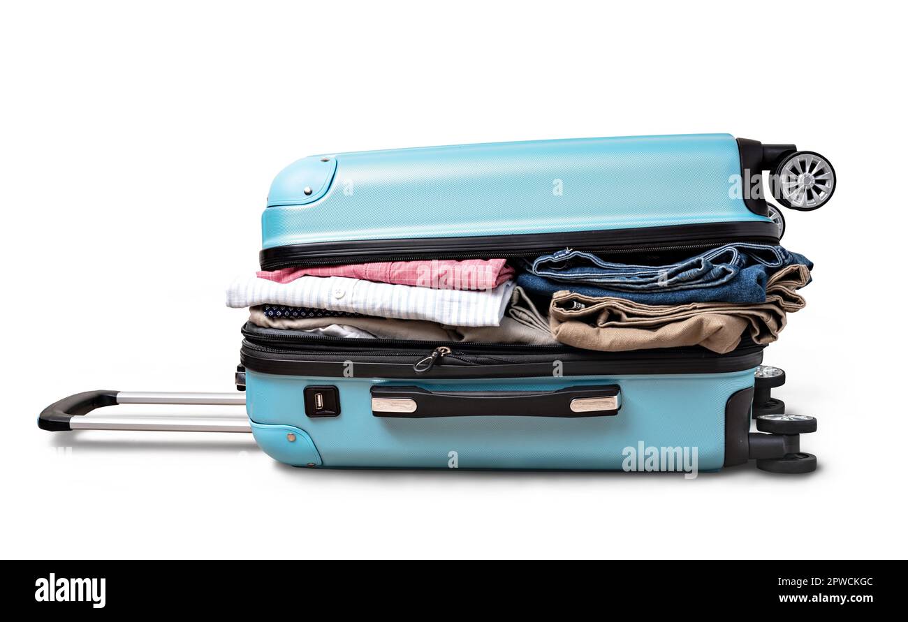 open suitcase with casual clothes isolated on white background Stock Photo