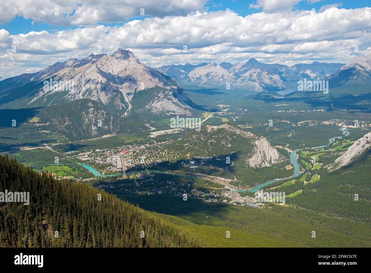 Banff city aerial landscape with Bow River and Rocky Mountains, Banff national park, Canada. Stock Photo