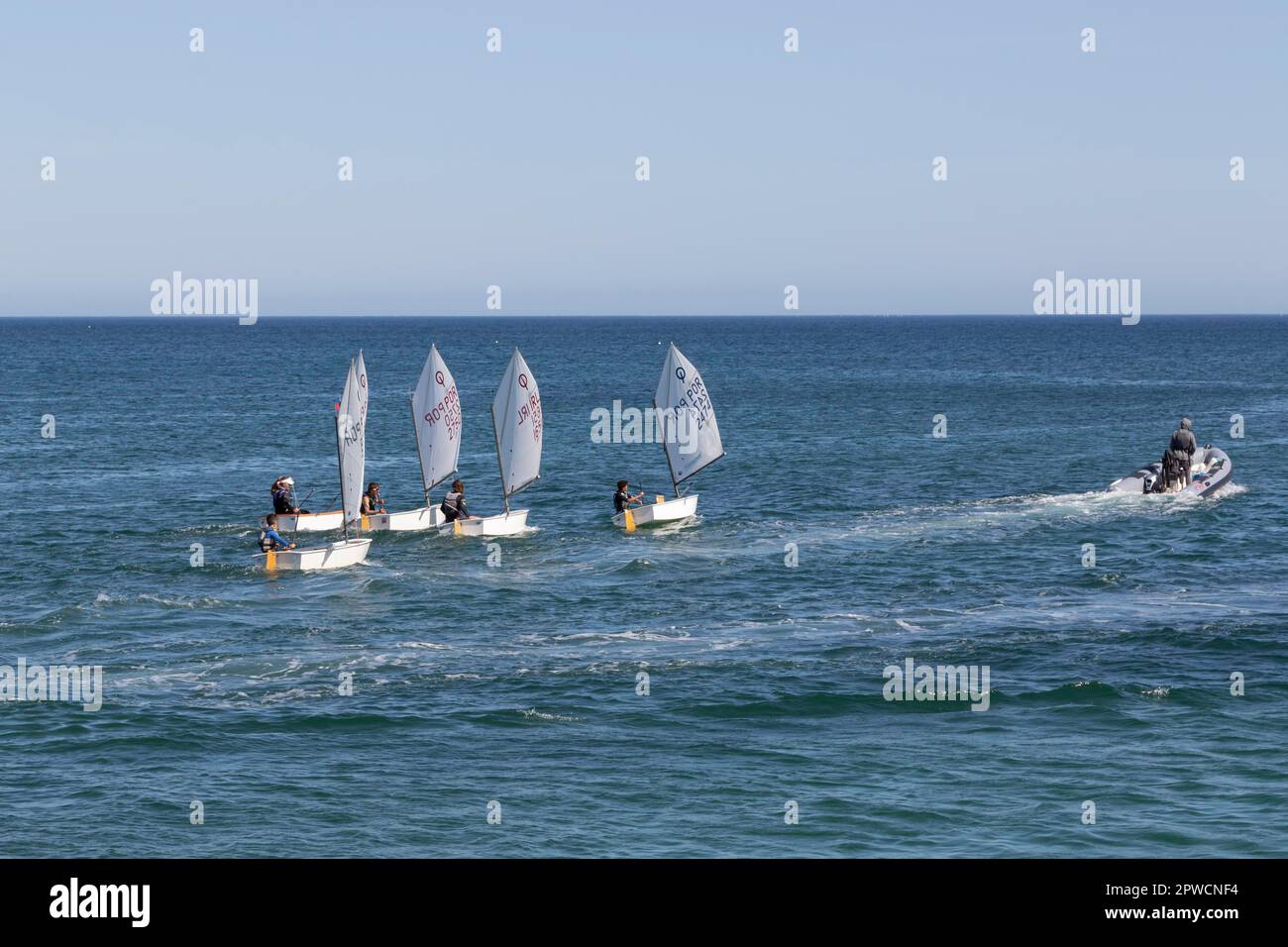 Optimist type dinghies of a sailing school sailing in the Atlantic Ocean off the coast of Lagos, Faro district, Algarve, Portugal Stock Photo