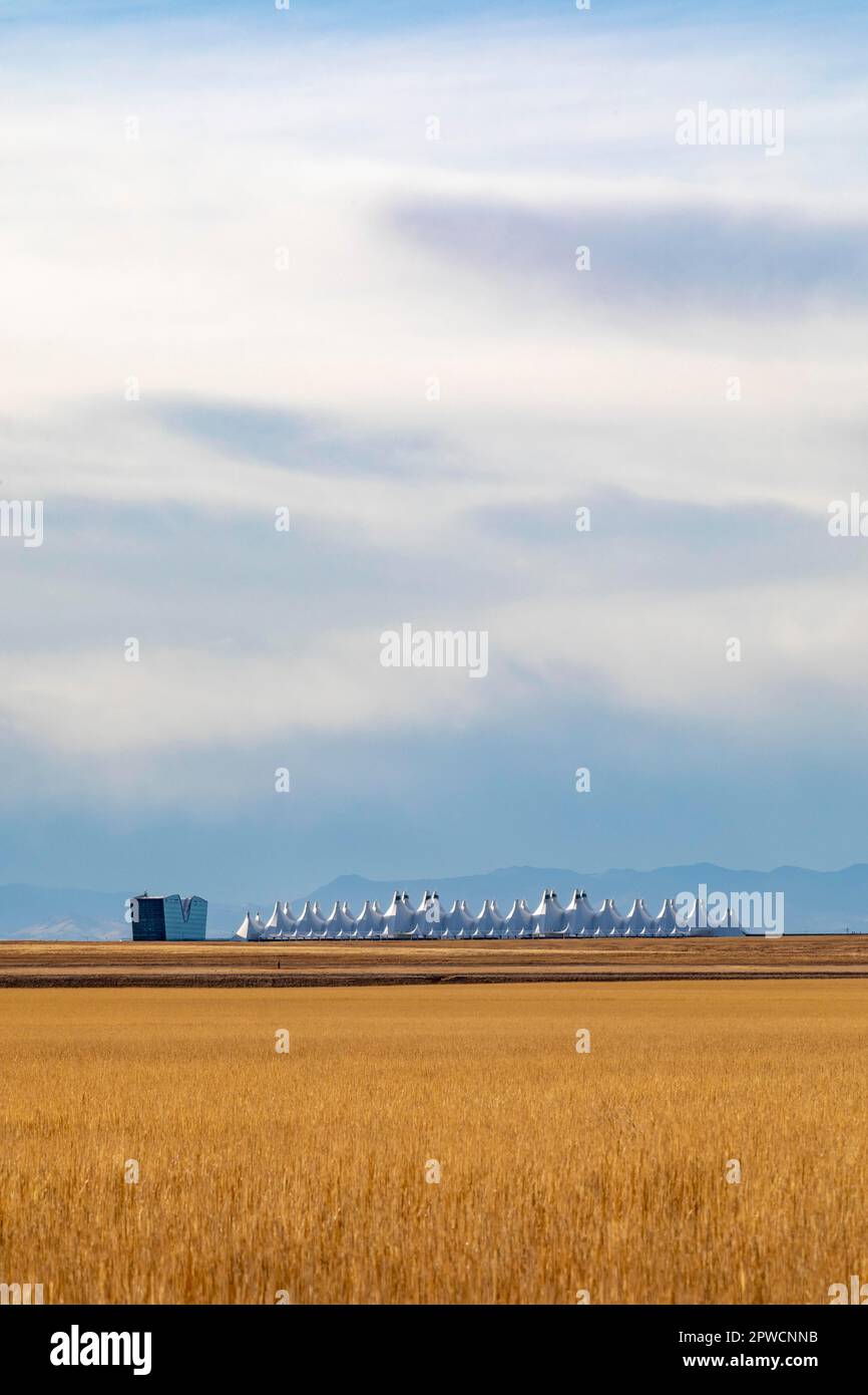 Denver, Colorado, The passenger terminal of Denver International Airport, viewed from the prairie east of the airport Stock Photo