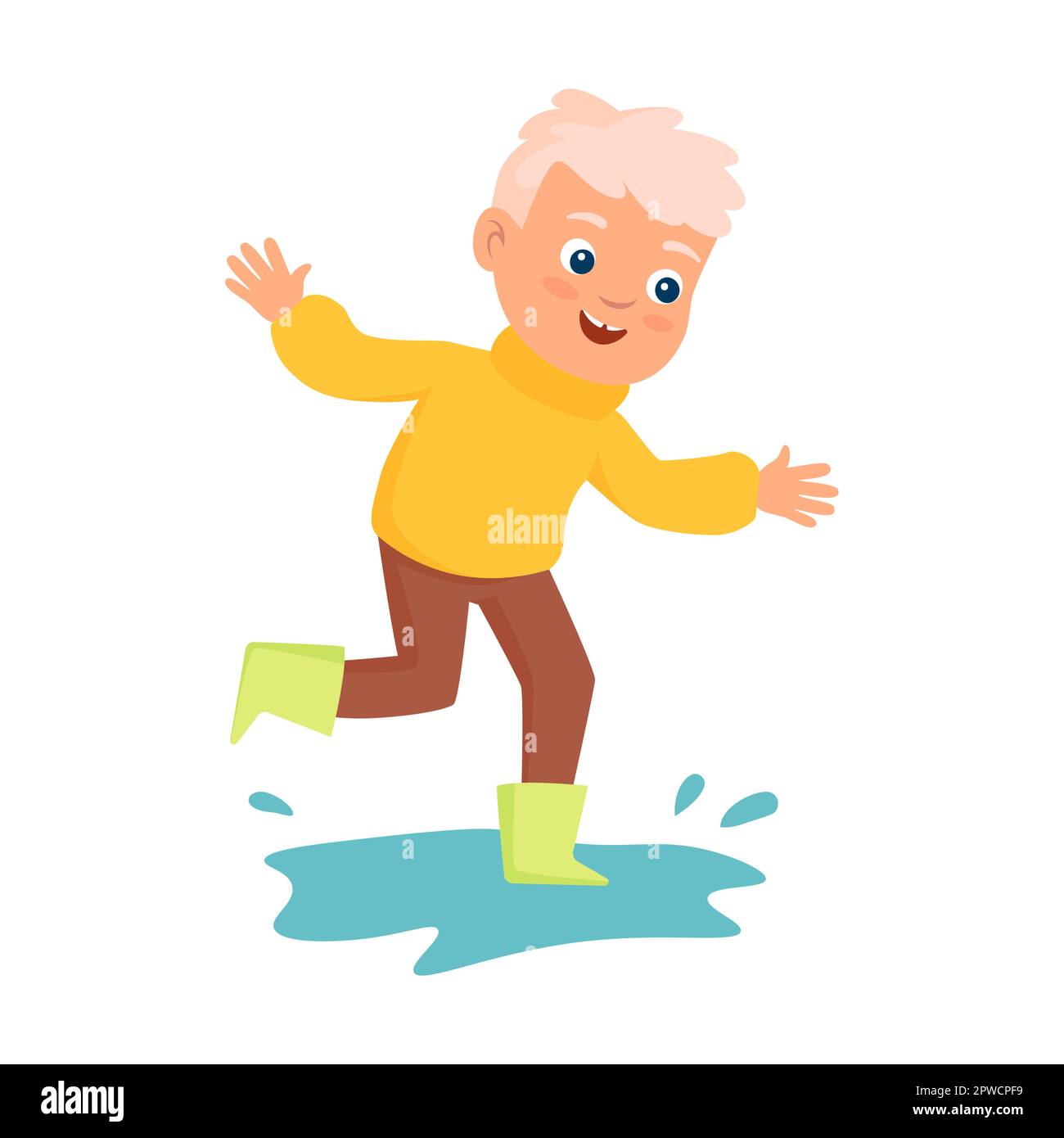 Cute cartoon children jumping in puddles in boots in autumn flat vector illustration. Little kid in warm clothes isolated on white background Stock Vector