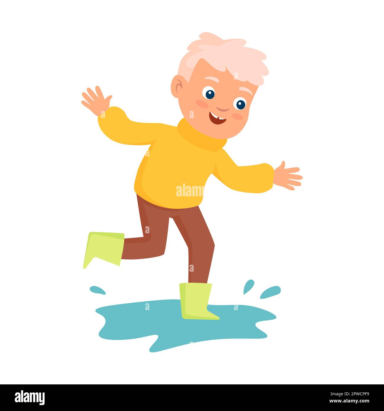 Cute cartoon children jumping in puddles in boots in autumn flat vector ...