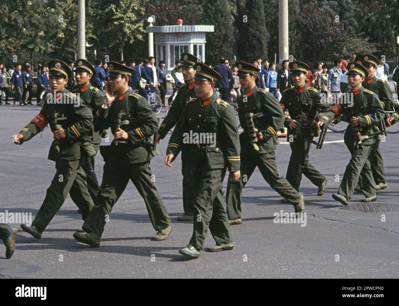 soldiers leaving 35th anniversary of the Communist Revolution Parade in Beijing, China, 1984 Stock Photo