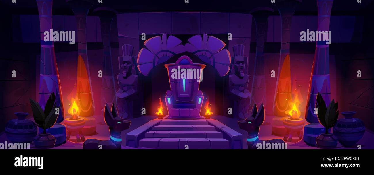 Ancient Egyptian palace or temple with throne, god and pharaoh statues ...