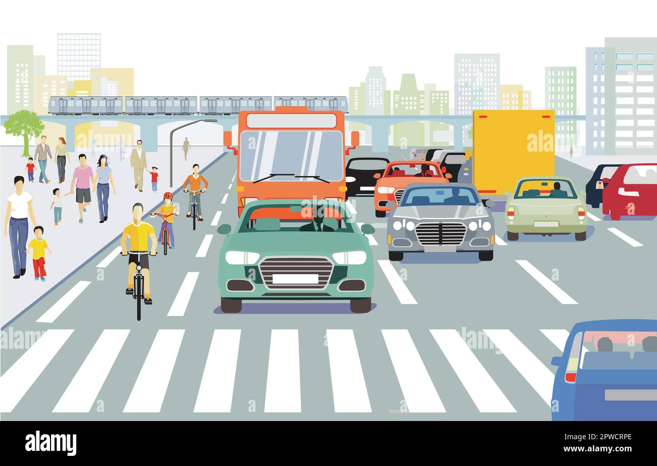 City silhouette with traffic and houses and pedestrians, illustration ...