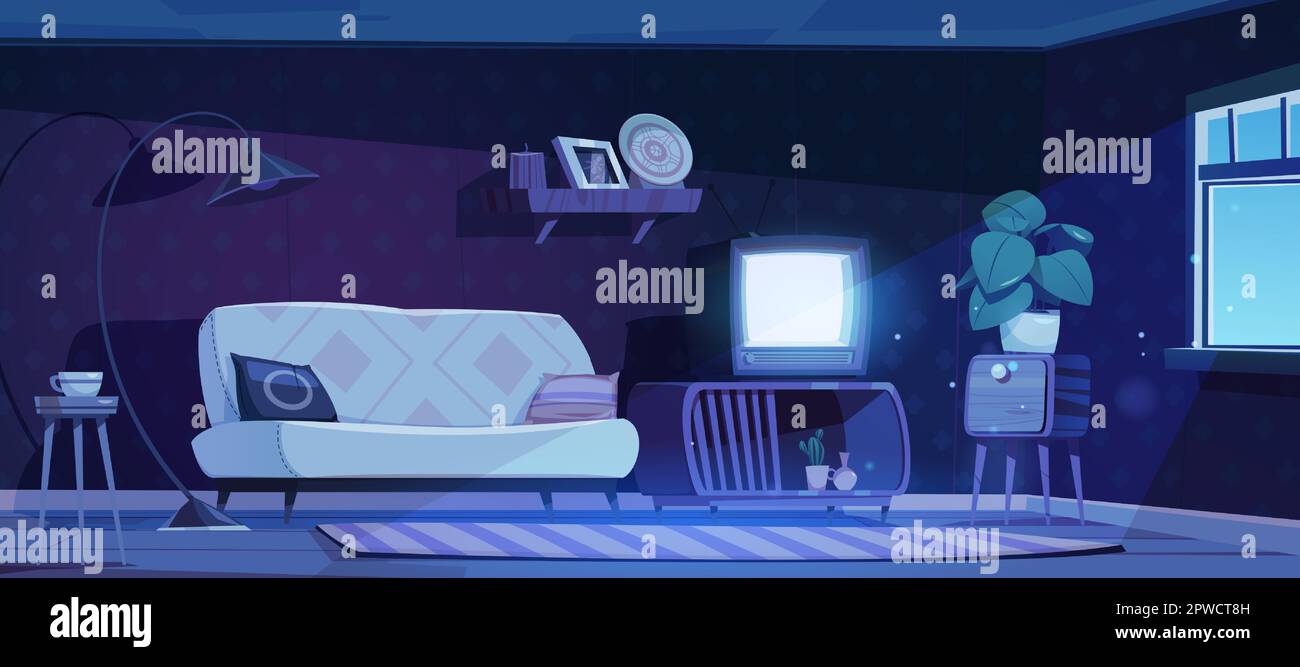 Night vector house vintage living room interior cartoon background. Moonlight from window falling on apartment livingroom retro furniture. 1950s old inside home scenery design concept illustration Stock Vector
