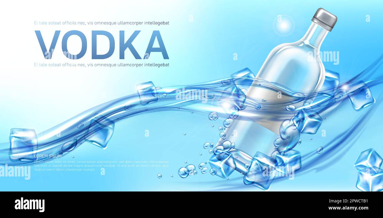 Vodka bottle with ice cubes floating in water mockup banner. Closed glass blank flask with