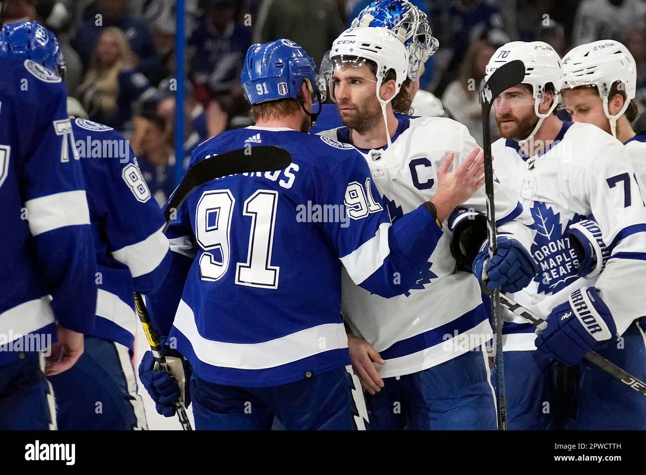 Tampa Bay Lightning center Steven Stamkos (91) congratulates 
