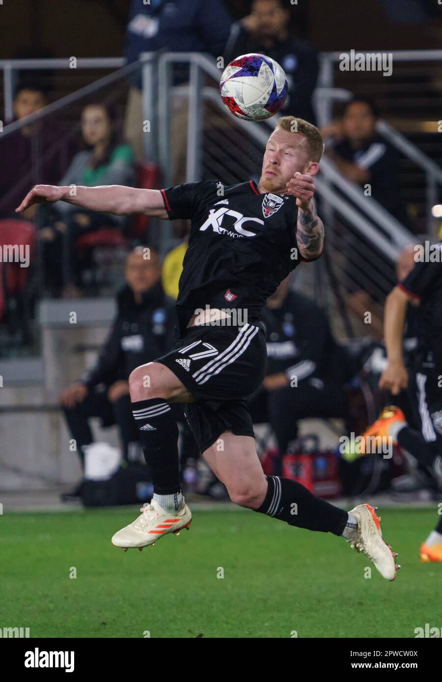 WASHINGTON, DC, USA - 29 APRIL, 2023: DC United midfielder Lewis O'Brien (17) controls the ball during a MLS match between D.C United and Charlotte FC, on  April 29, 2023, at Audi Field, in Washington, DC. (Photo by Tony Quinn-Alamy Live News) Stock Photo
