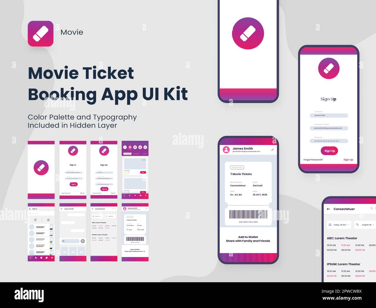 Movie Ticket Booking App UI Kit Including Account Sign In, Sign Up, Booking and Service Type