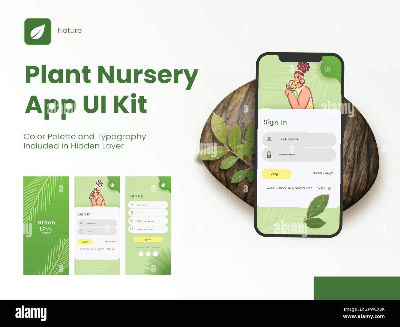 Plant Nursery Application Splash Screens Including Like As Sign In, Sign Up for Mobile App and Responsive Website. Stock Vector