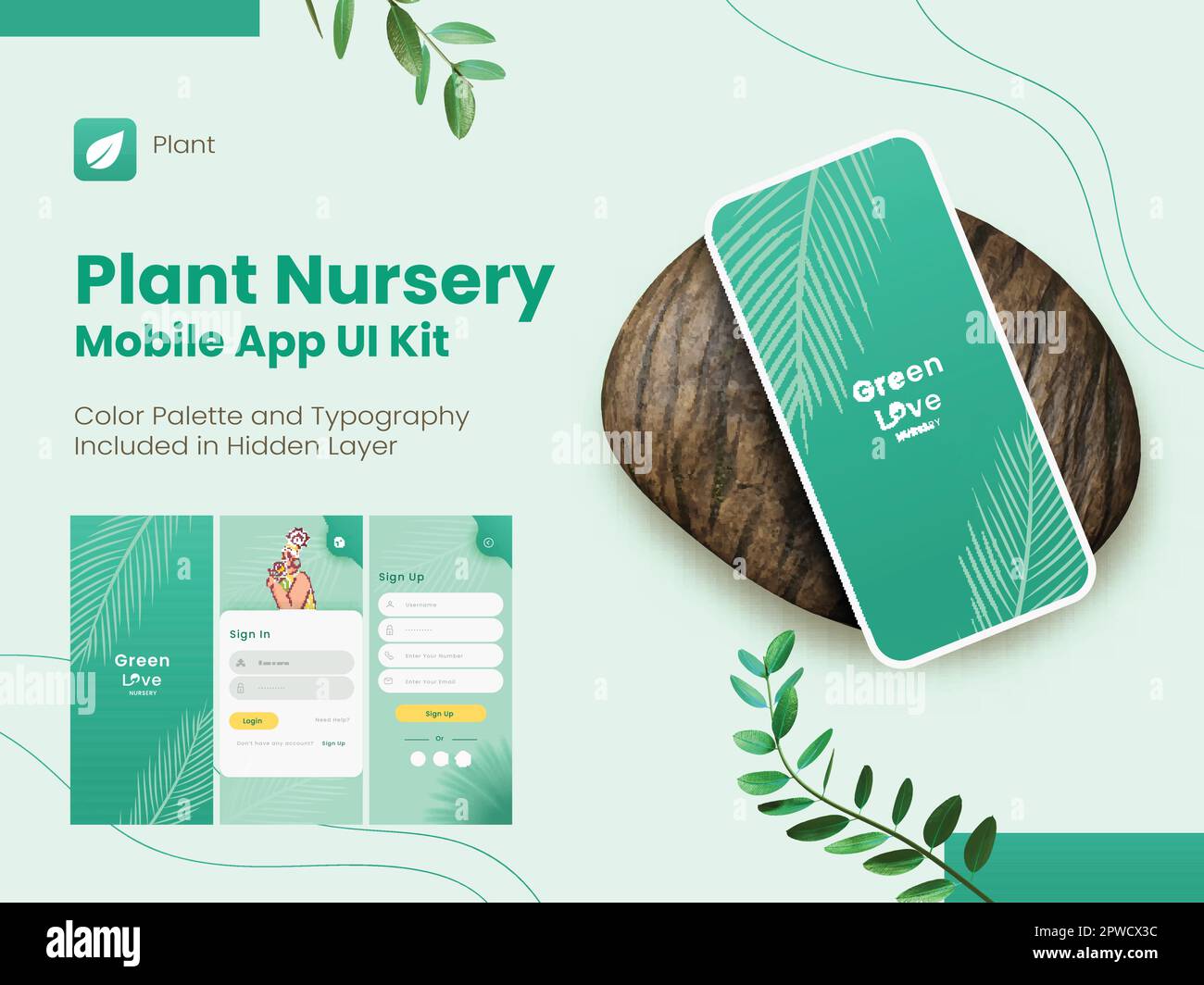 Plant Nursery Application Splash Screens Including Like As Sign In, Sign Up for Mobile App and Responsive Website. Stock Vector