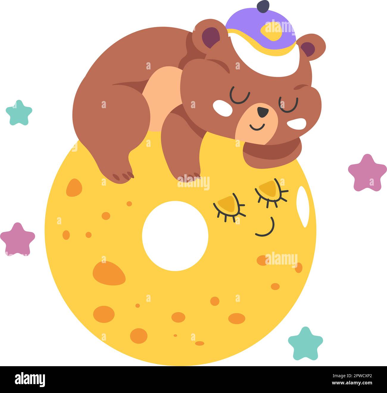 Sleepy bear character on full moon with stars Stock Vector Image & Art