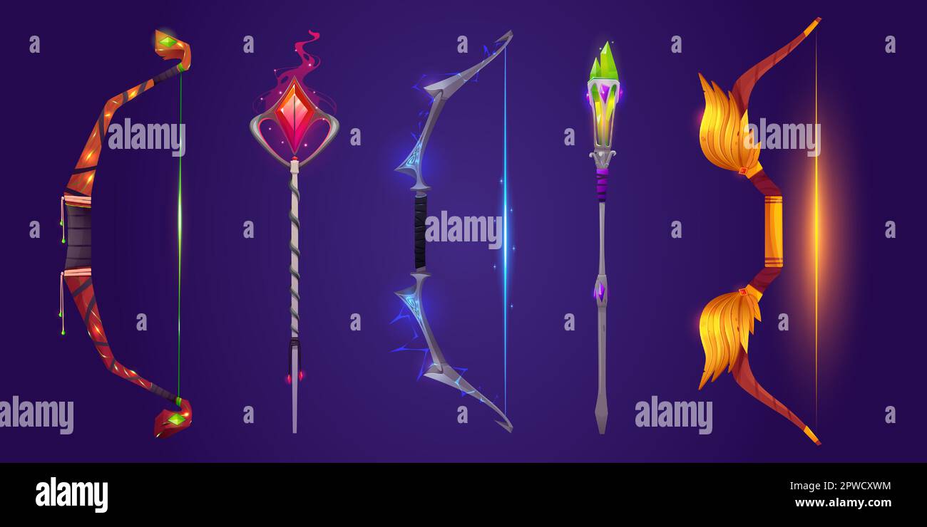 Magical cartoon steel axes, hatchets, spears and lances, vector fantasy  weapon of medieval knight, viking or warrior. Magic game user interface  game asset of bladed weapons with gemstones and ornament Stock Vector