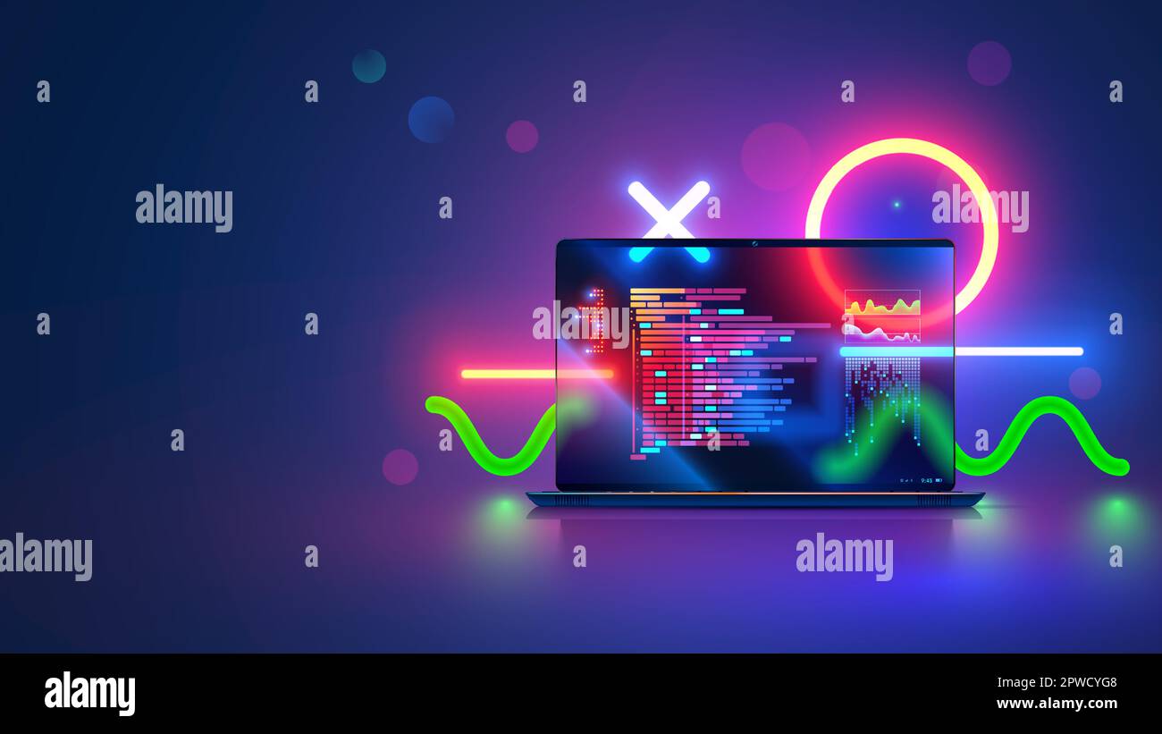 Vector laptop with open screen on desk front view. Computer program