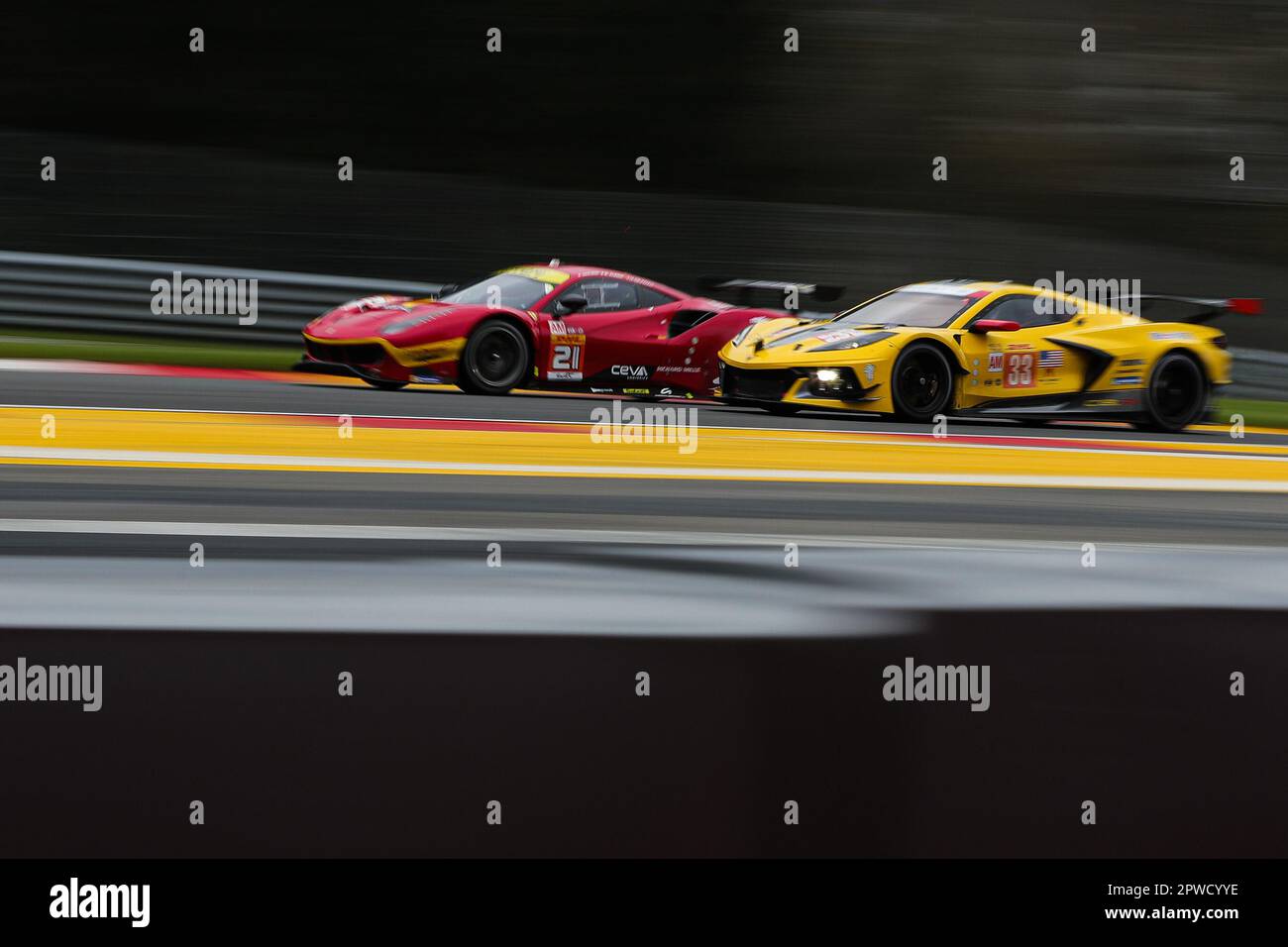 Stavelot, Belgium. 29th Apr, 2023. AF Corse's Ferrari 488 GTE Evo racing car No. 21 (L) and Corvette Racing's Chevrolet Corvette C8.R racing car No. 33 of LM GTE AM Category are seen during the race of 6 Hours Of Spa-Francorchamps, the third round of the 2023 FIA World Endurance Championship (WEC) at Circuit de Spa-Francorchamps in Stavelot, Belgium, April 29, 2023. Credit: Zheng Huansong/Xinhua/Alamy Live News Stock Photo