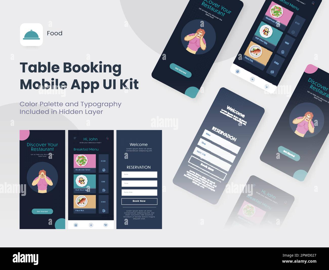 Table Booking Mobile App UI Kit Including Sign Up, Food Menu, Reservation Screen for Restaurant or Hotel. Stock Vector