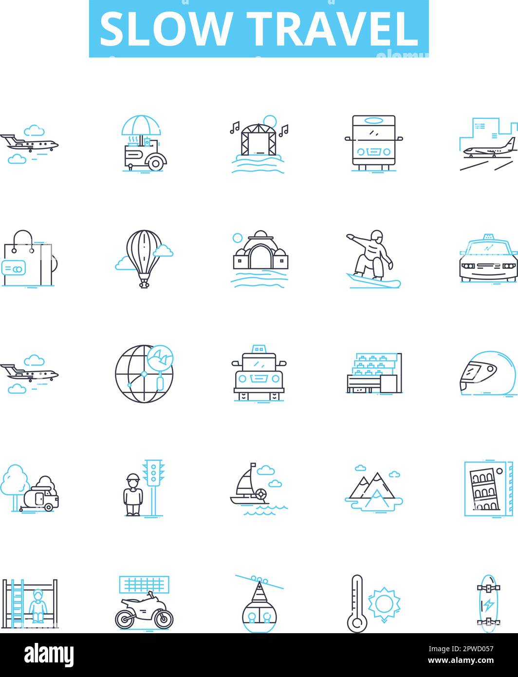 Slow travel vector line icons set. Slow, Travel, Sustainable, Ecotourism, Responsible, Community-based, Local illustration outline concept symbols and Stock Vector