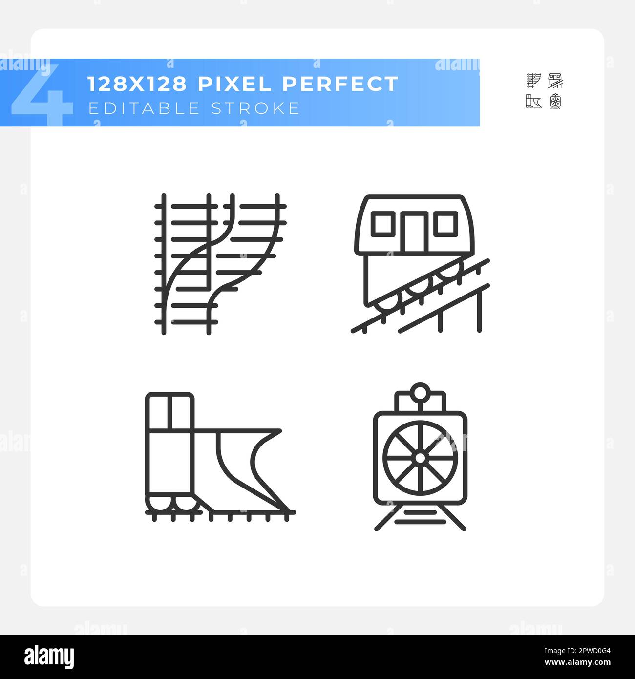 Railway vehicle pixel perfect linear icons set Stock Vector