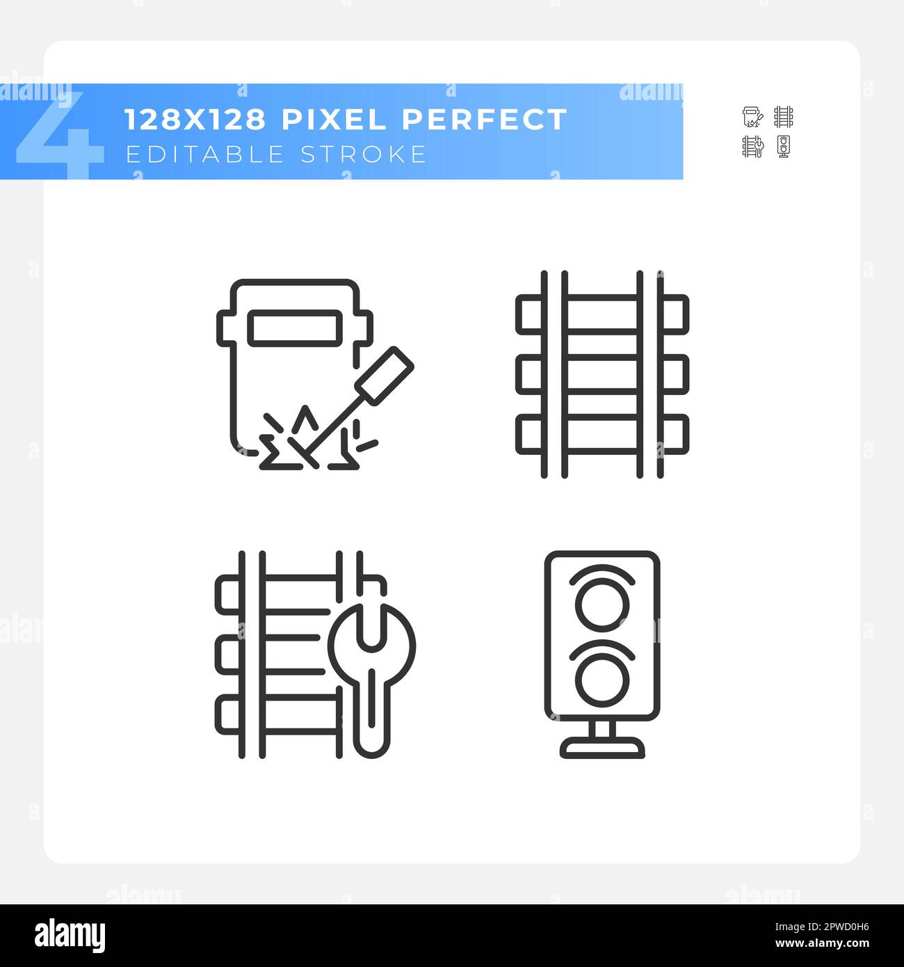 Railroad maintenance pixel perfect linear icons set Stock Vector