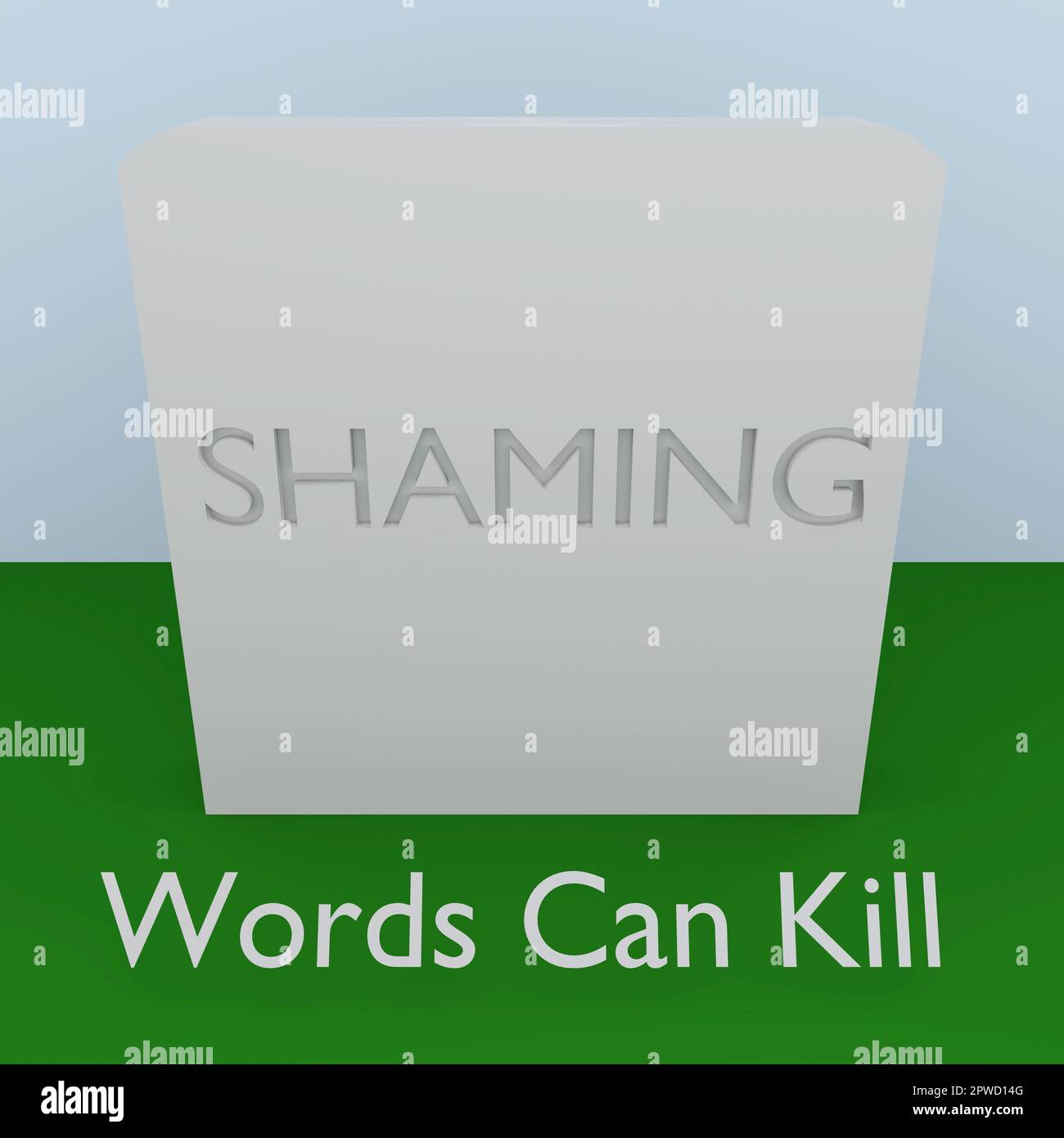 3d illustration of a symbolic gravestone named as SHAMING, titled as Words Can Kill. Stock Photo