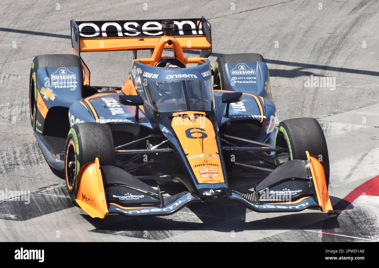 IndyCar driver Felix Rosenqvist competing in the Long Beach Grand Prix in Arrow McLaren's No. 6 car. Stock Photo