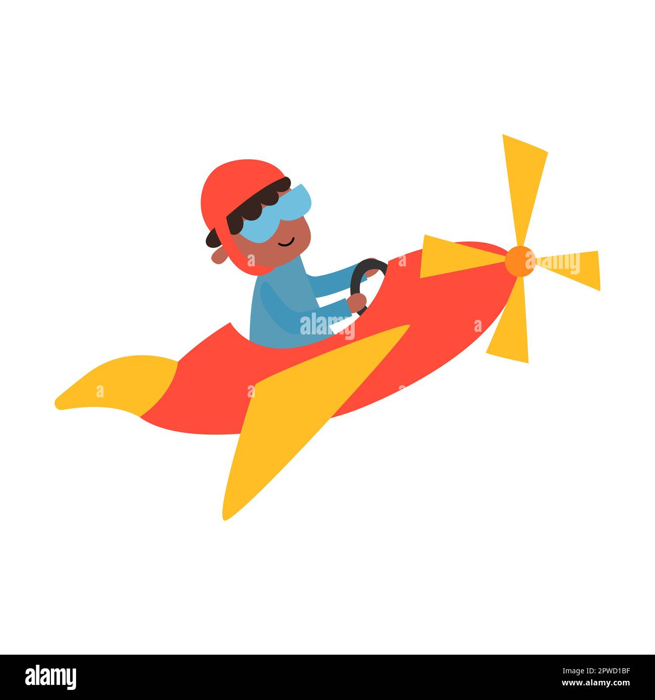 boy is flying on a toy plane. Childhood dreams. Flat cartoon