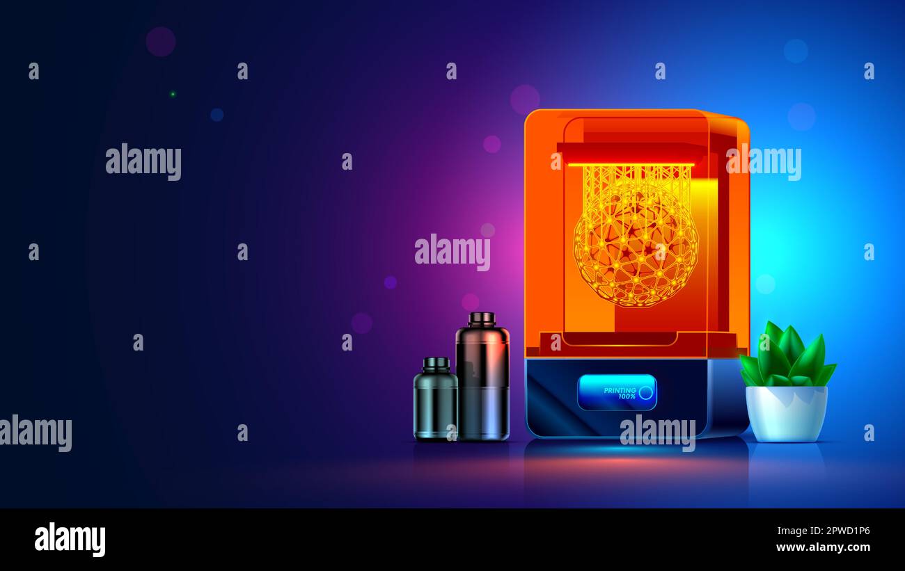 3d printer on desktop of engineer. 3d printing, prototyping of parts in industry. 3d printer with an orange glass cover printed 3d model made of plast Stock Vector