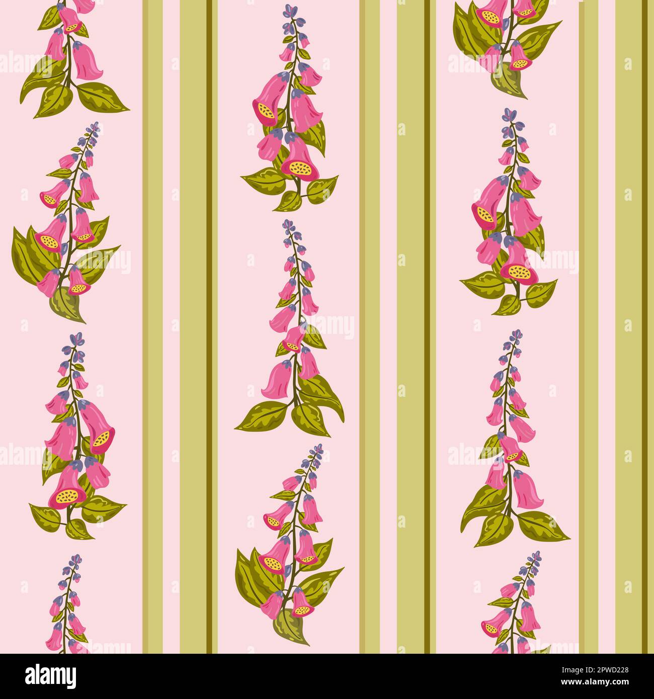Pink foxglove flowers repeated pattern. Colourful vertical striped ...
