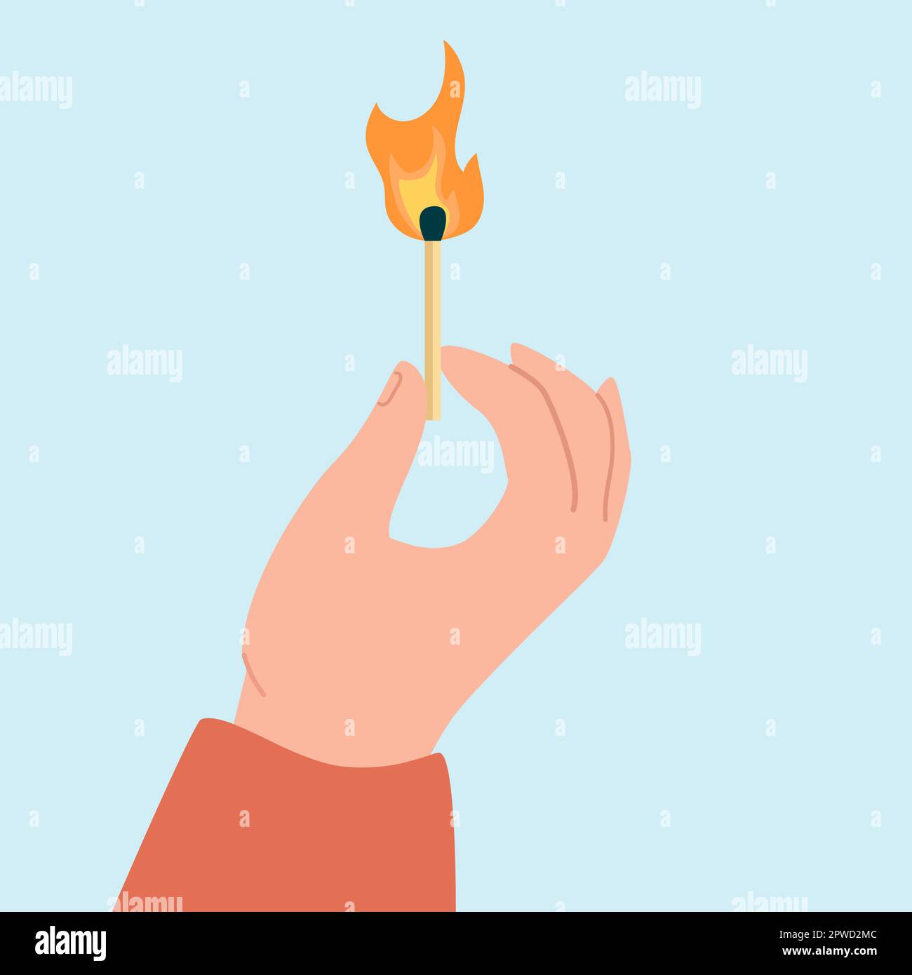 Lighted match in human hand flat vector illustration Stock Vector Image