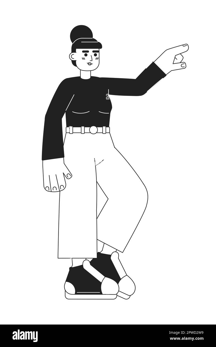 Woman in casual clothes and sneakers showing direction monochromatic