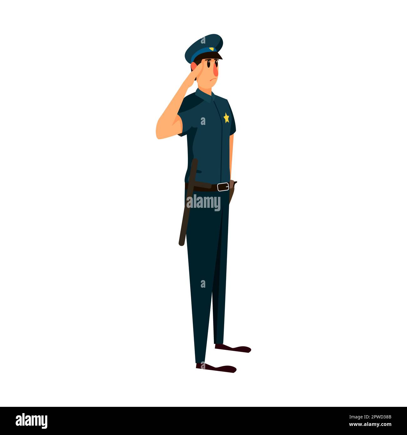 Policeman character gives a military salute. Vector illustration of patrol officer. Cartoon Policeman isolated on white Stock Vector