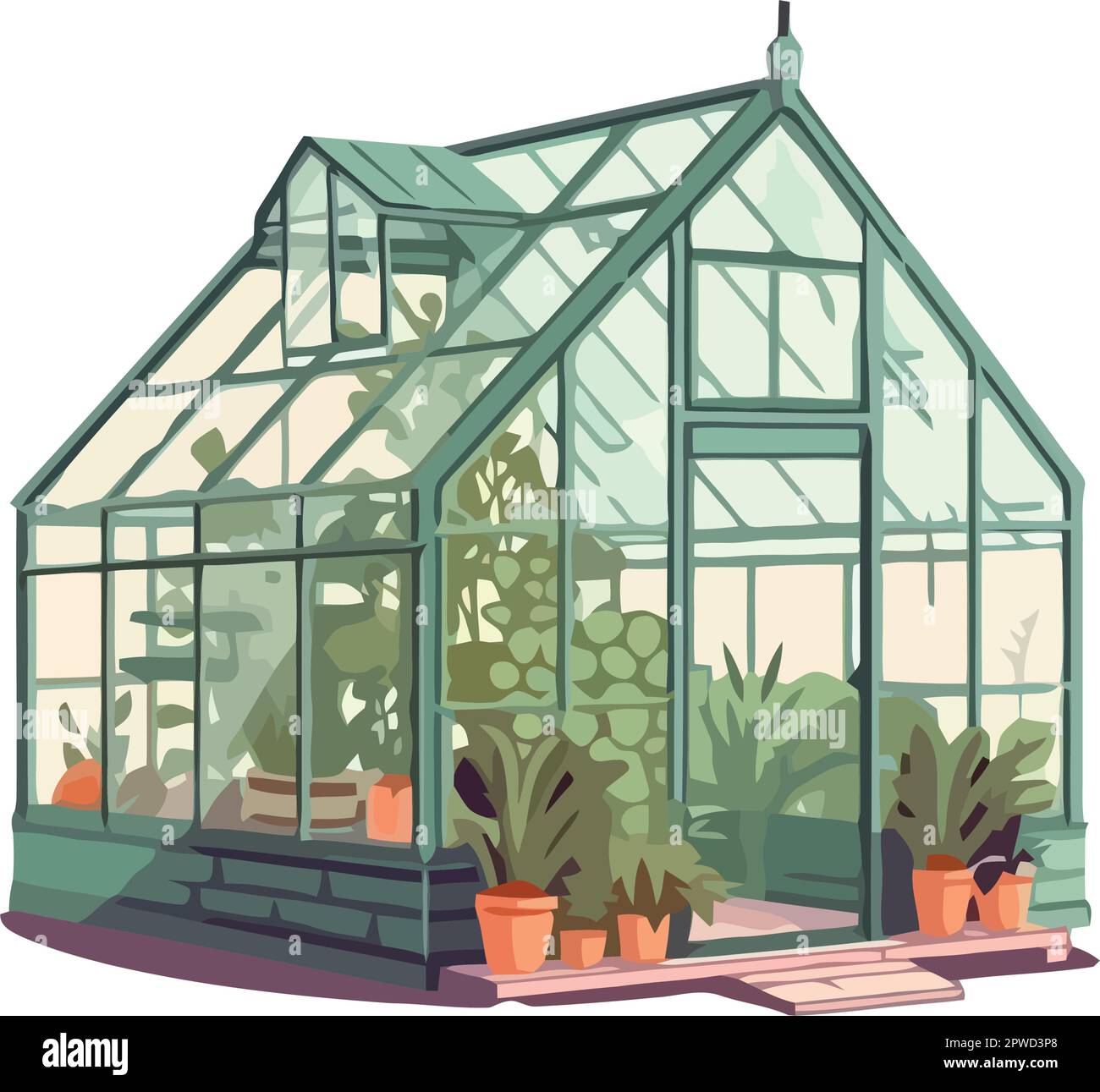 Greenhouse architecture with potted plants inside Stock Vector