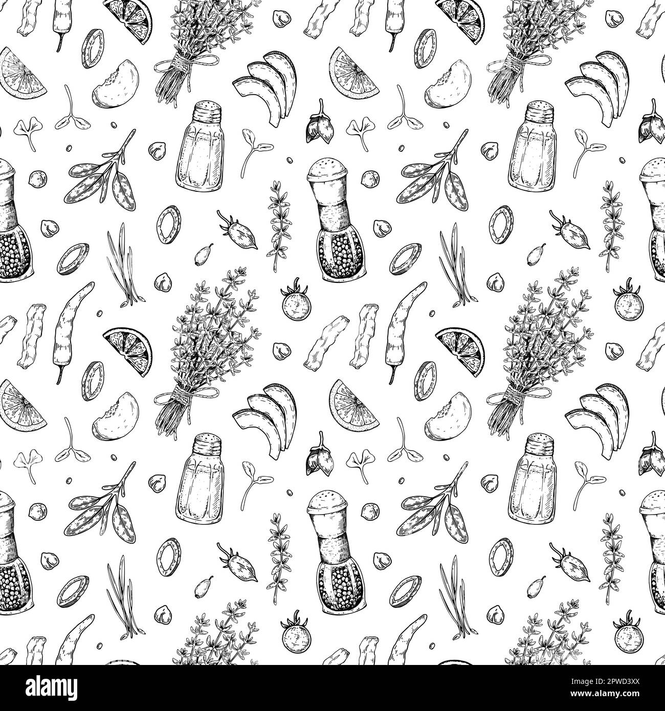 Food seamless pattern. Vector illustration in sketch style. Vintage