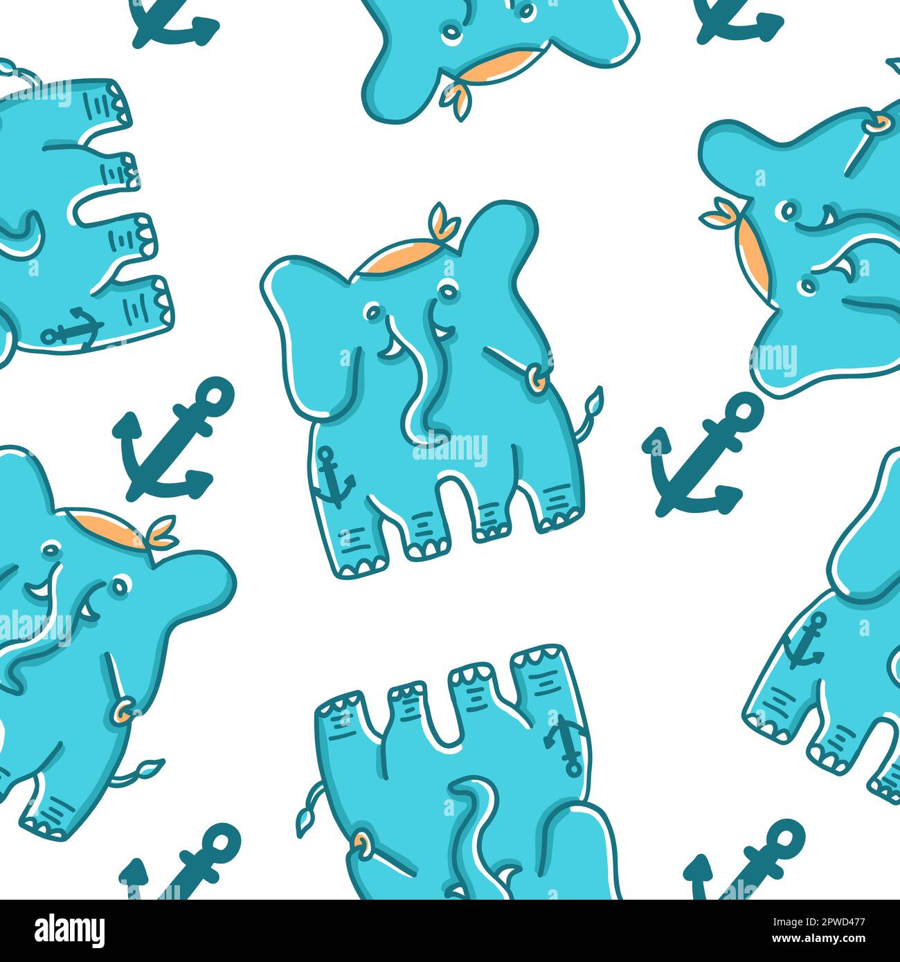 Elephant pirate. Seamless Pattern. Vector illustration in cartoon flat style isolated on white background. Stock Vector