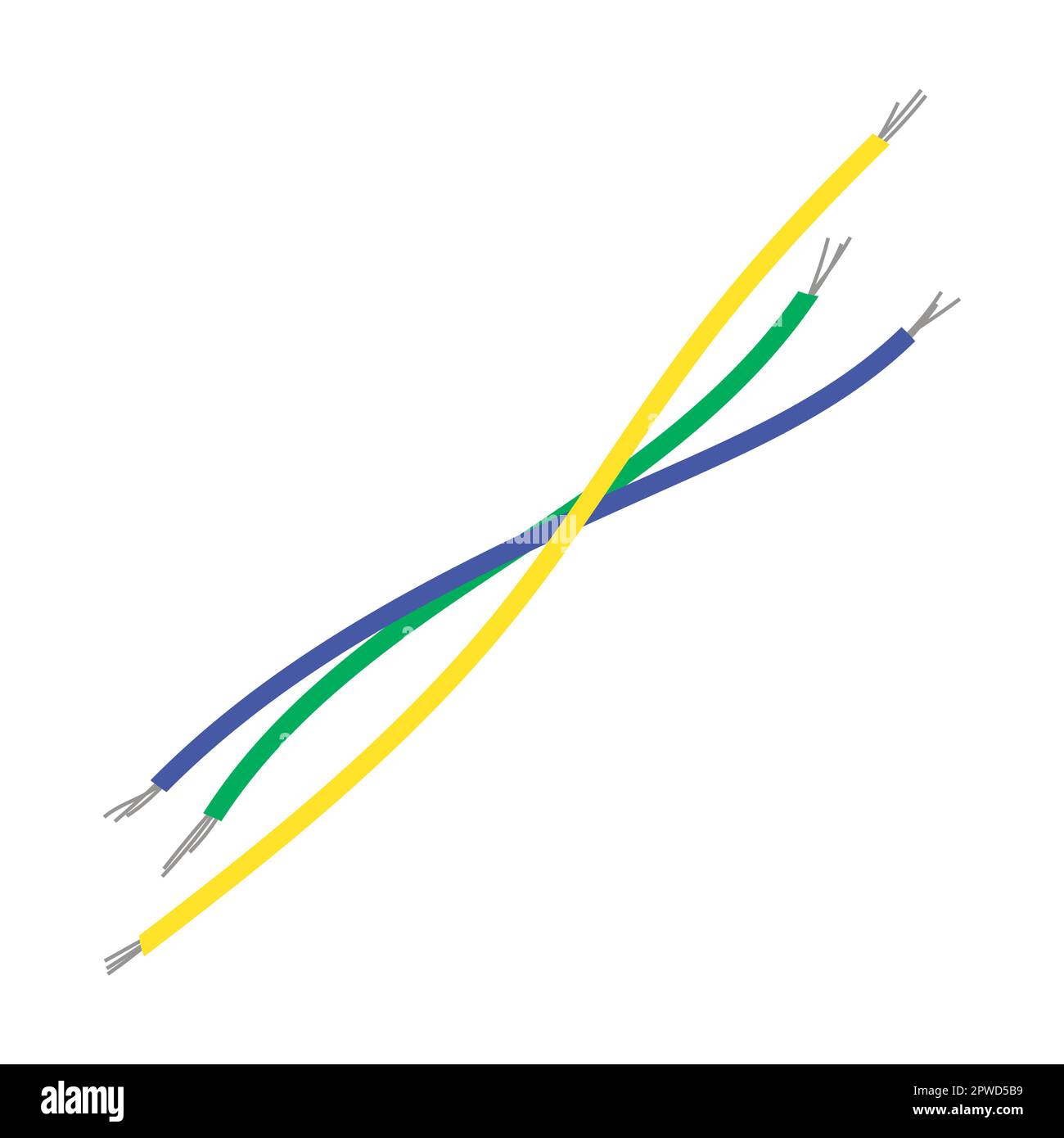 Colored clippings of broken electrical cable. Vector illustration of damaged cords for power, connection. Cartoon torn wires with plug isolated on Stock Vector