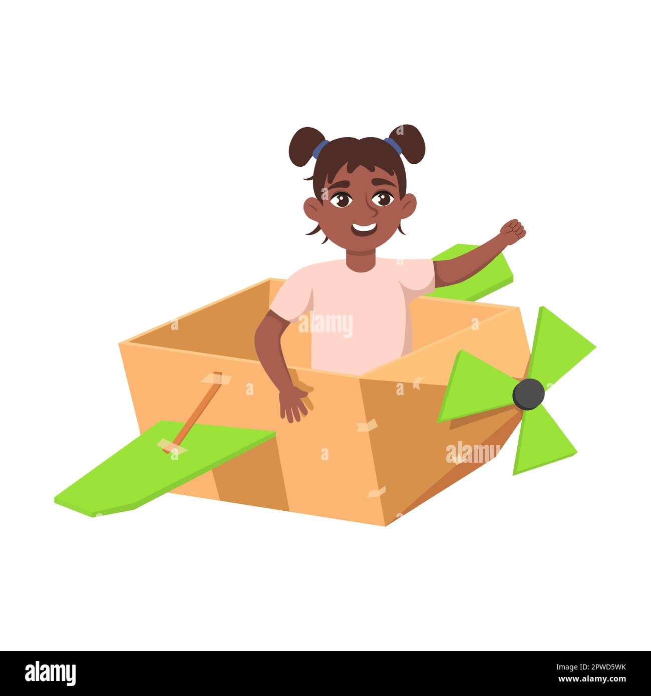 Kid with costume pilot and plane from cardboard boxe vector illustration. Creative cartoon child in cardboard boat isolated on white background Stock Vector
