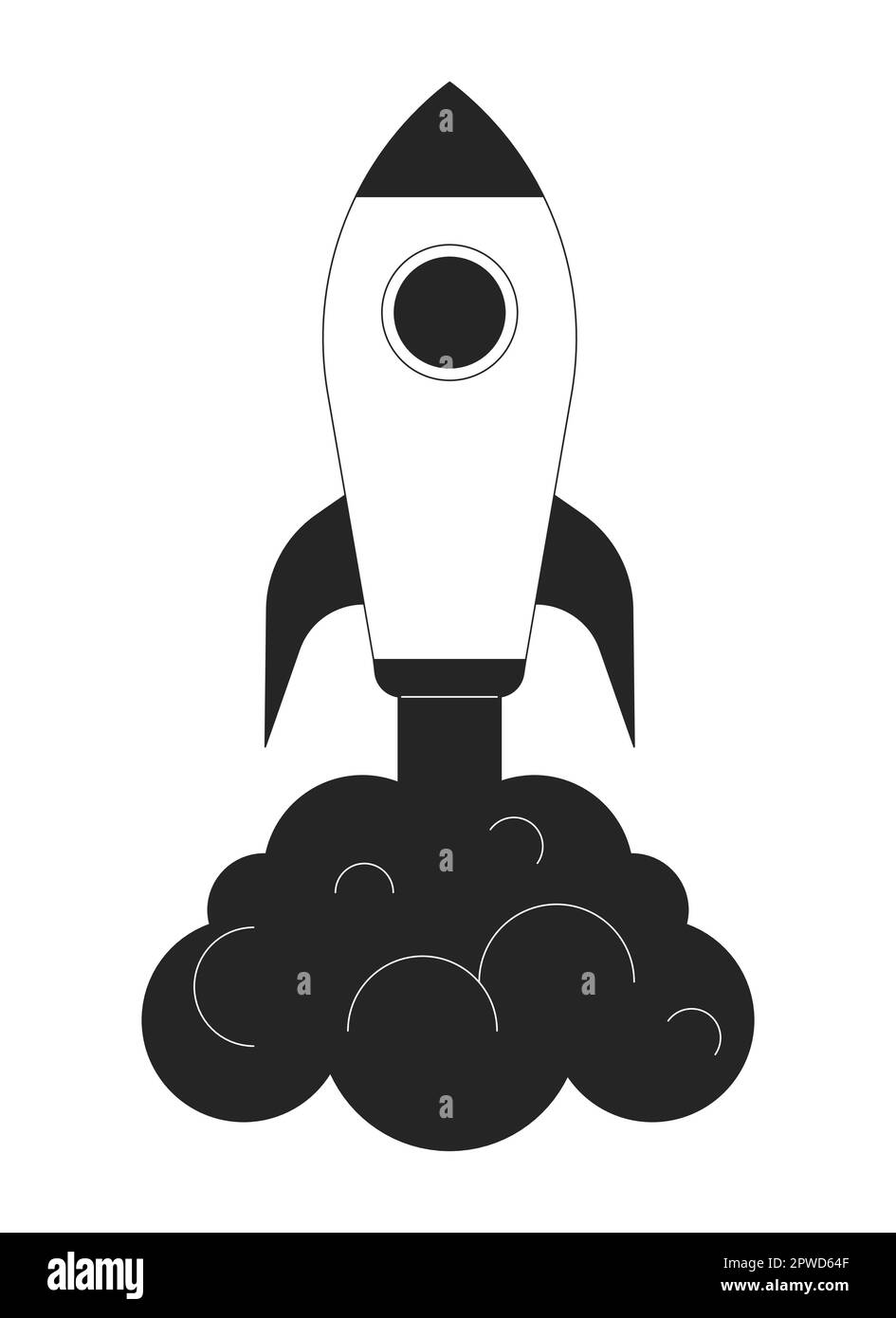 Launching rocket with dark smoke flat line black white vector object Stock Vector