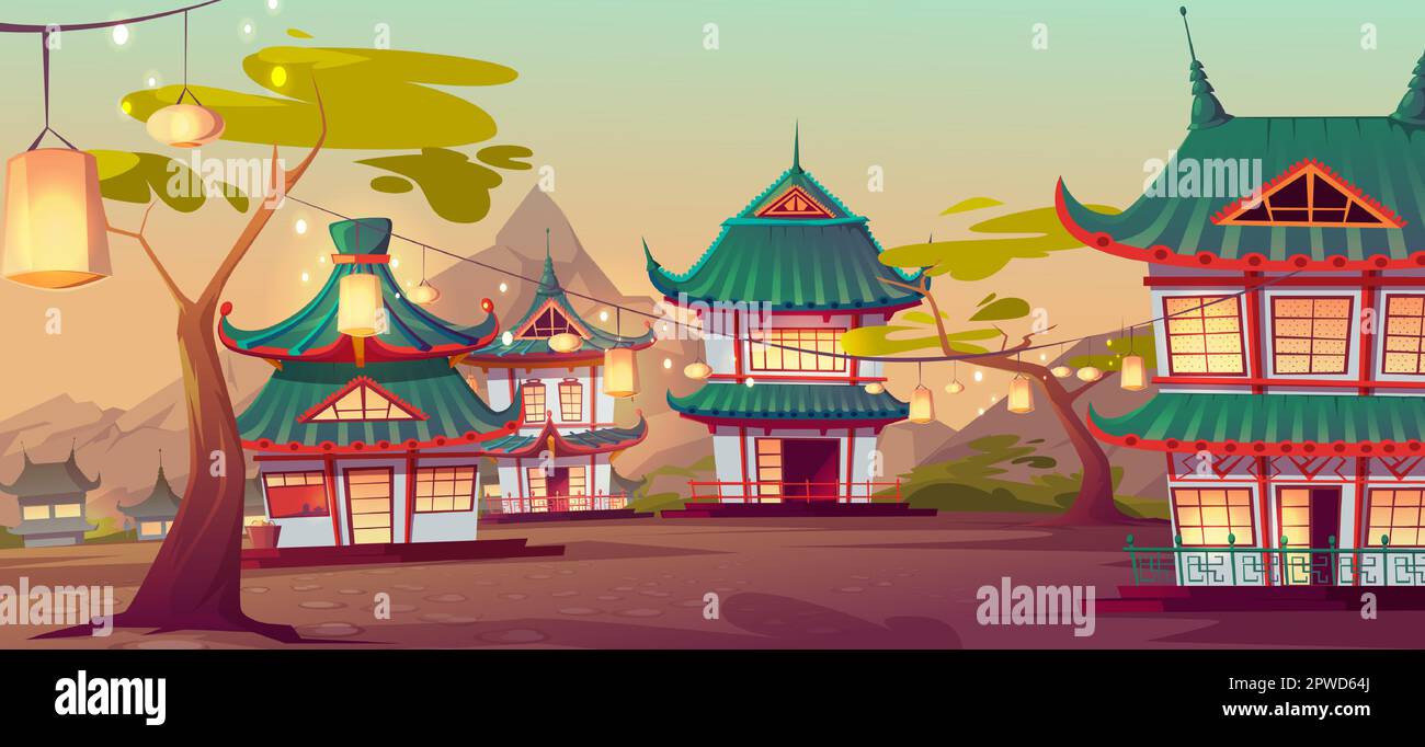 Chinese village street with old traditional typical houses and garland with lanterns hang on green trees. Ancient asian area surrounded with picturesque mountains landscape Cartoon vector illustration Stock Vector