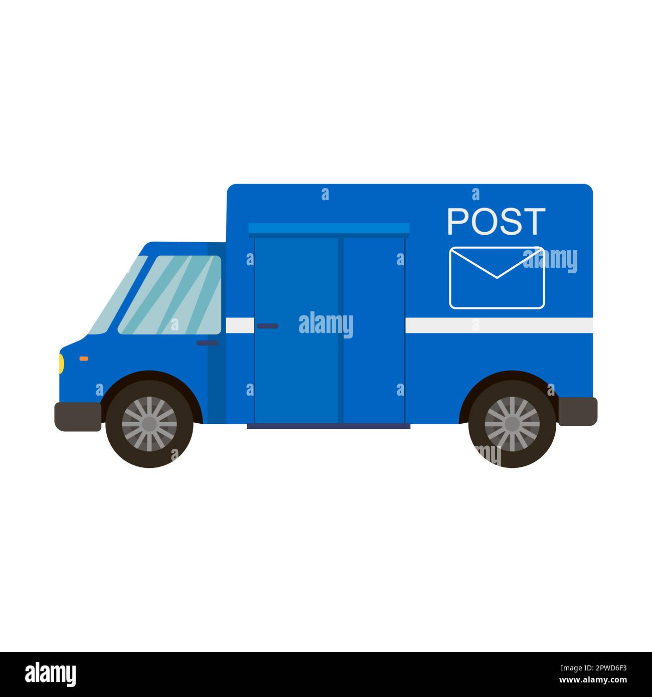 Blue mail car, objects of delivery service. Vector illustration of mailman with bag isolated on white. Courier job Stock Vector