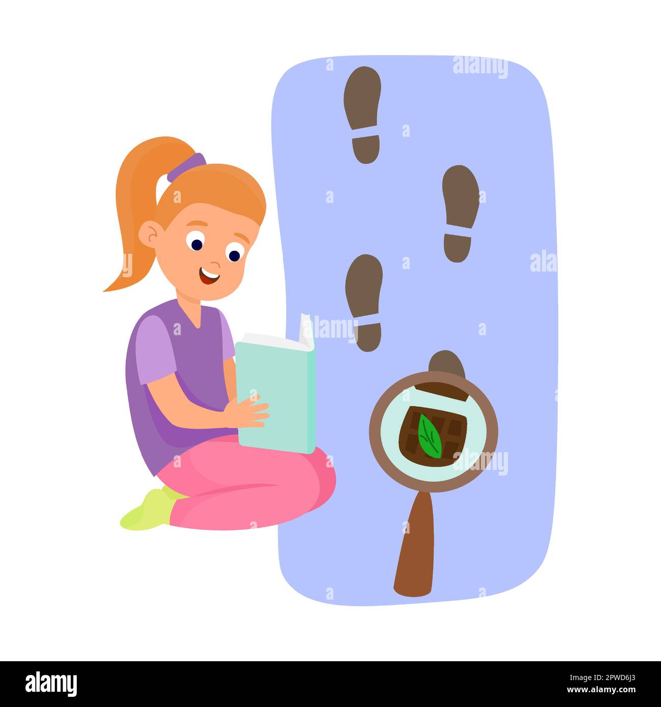girl reading book about the adventures of detective. Vector illustration of cute girl and boy with magic dreams. Cartoon amazed children isolated on Stock Vector