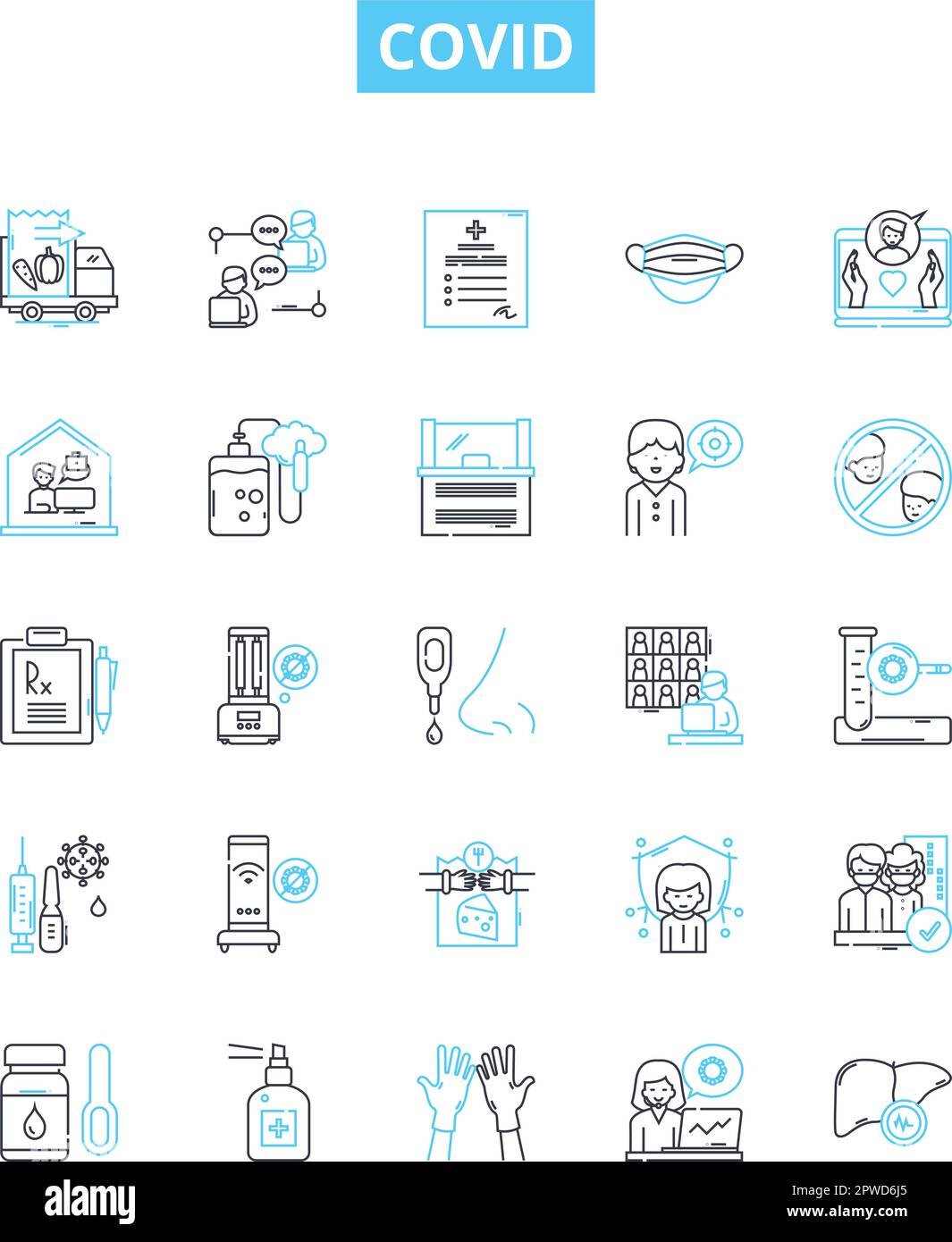 Covid vector line icons set. Covid, Pandemic, Virus, Coronavirus, Lockdown, Infection, Testing illustration outline concept symbols and signs Stock Vector