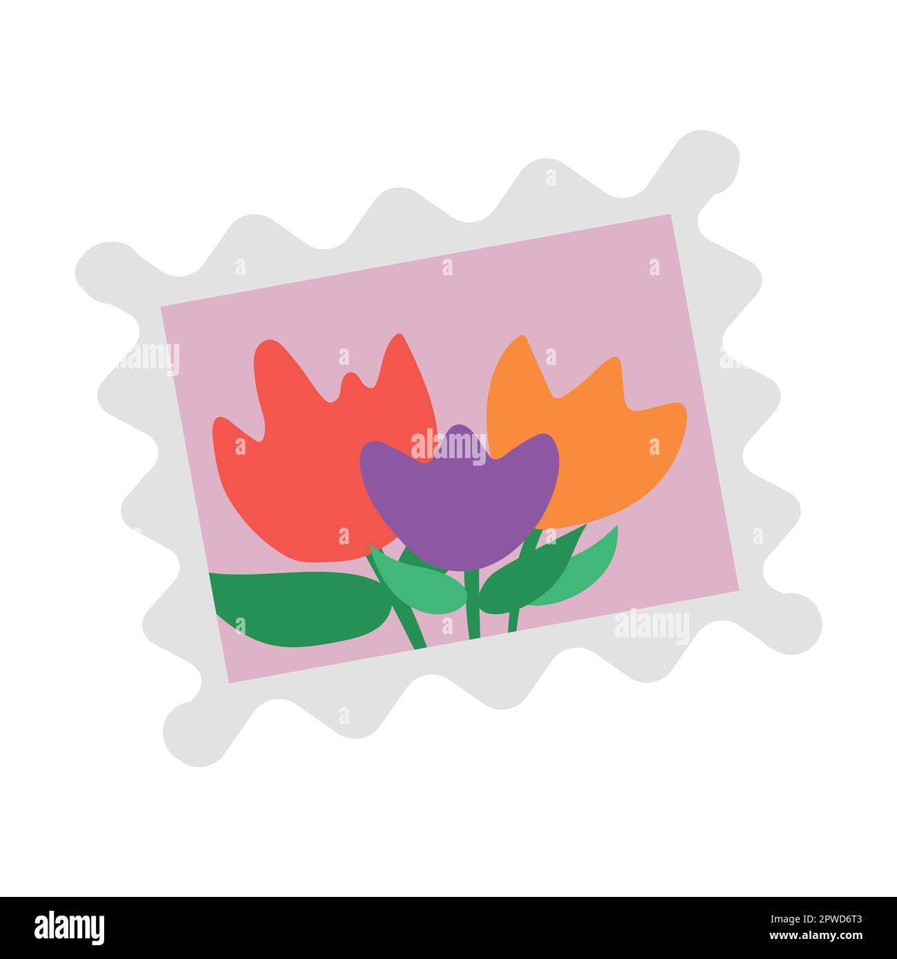 Women card with flowers, objects of delivery service. Vector illustration of mailman with bag isolated on white. Courier job Stock Vector