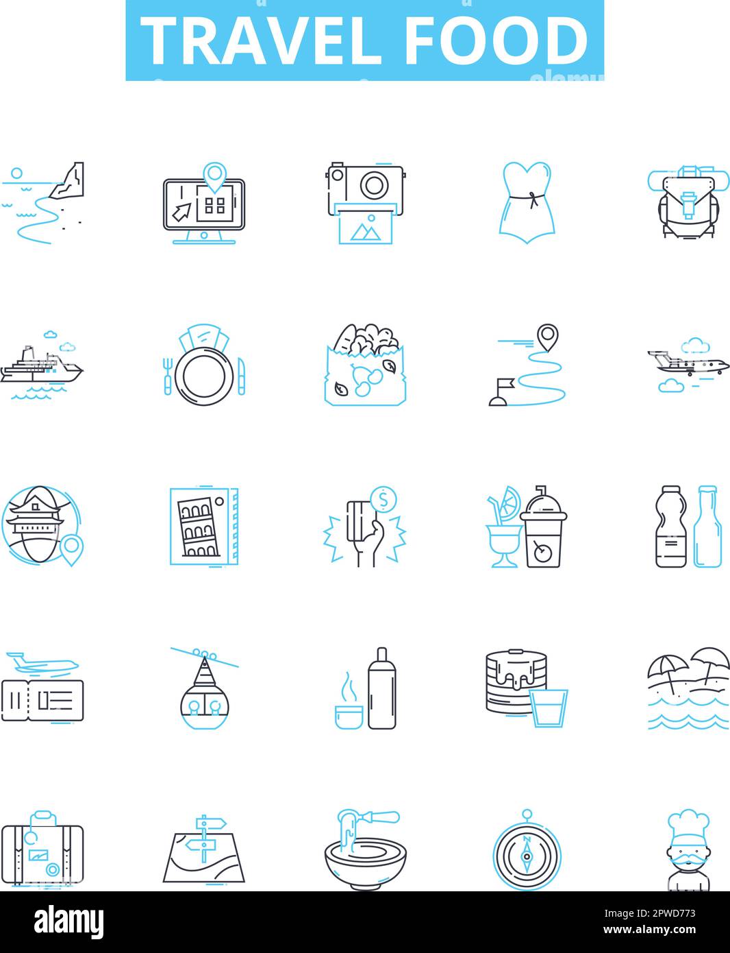 Travel food vector line icons set. Voyage, Cuisine, Meal, Taste, Delicacy, Snack, Portable illustration outline concept symbols and signs Stock Vector