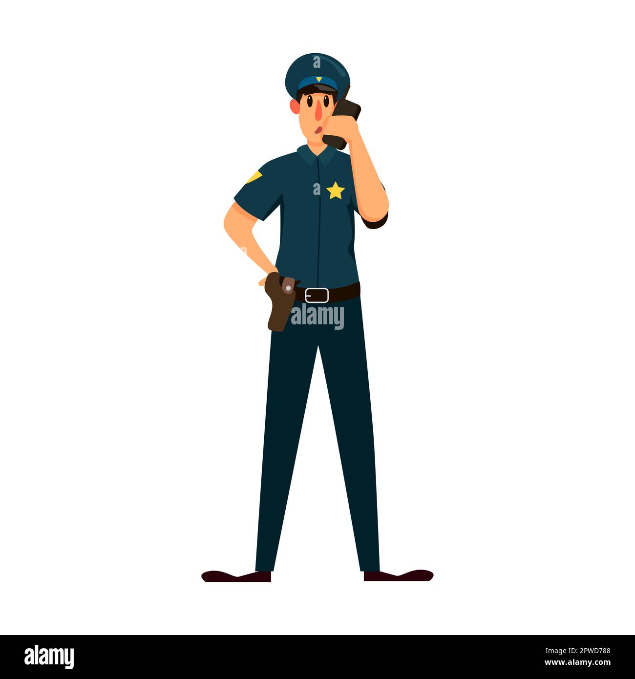 Policeman character calls for reinforcements on radio. Vector illustration of patrol officer in cop. Cartoon Policeman isolated on white Stock Vector