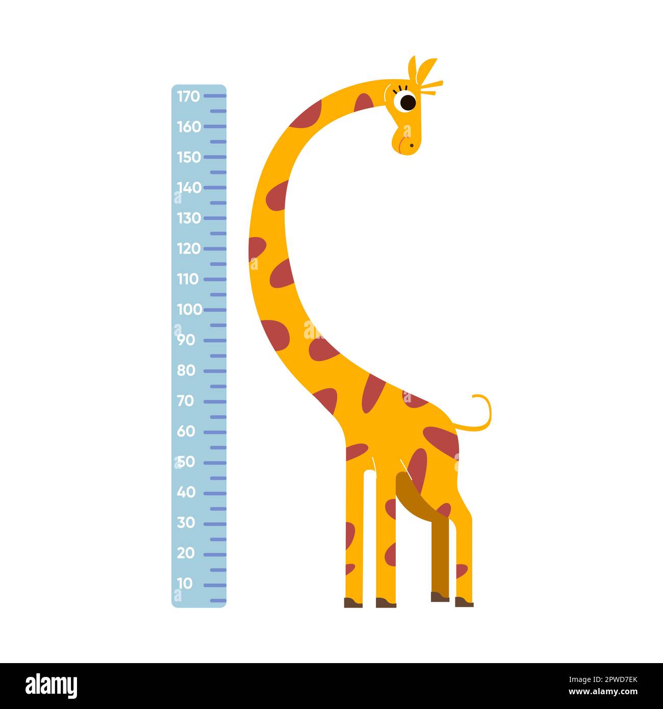 Height ruler with comic long neck giraffe, vector illustration. Wall sticker for measuring height of children with cute cartoon character isolated on Stock Vector
