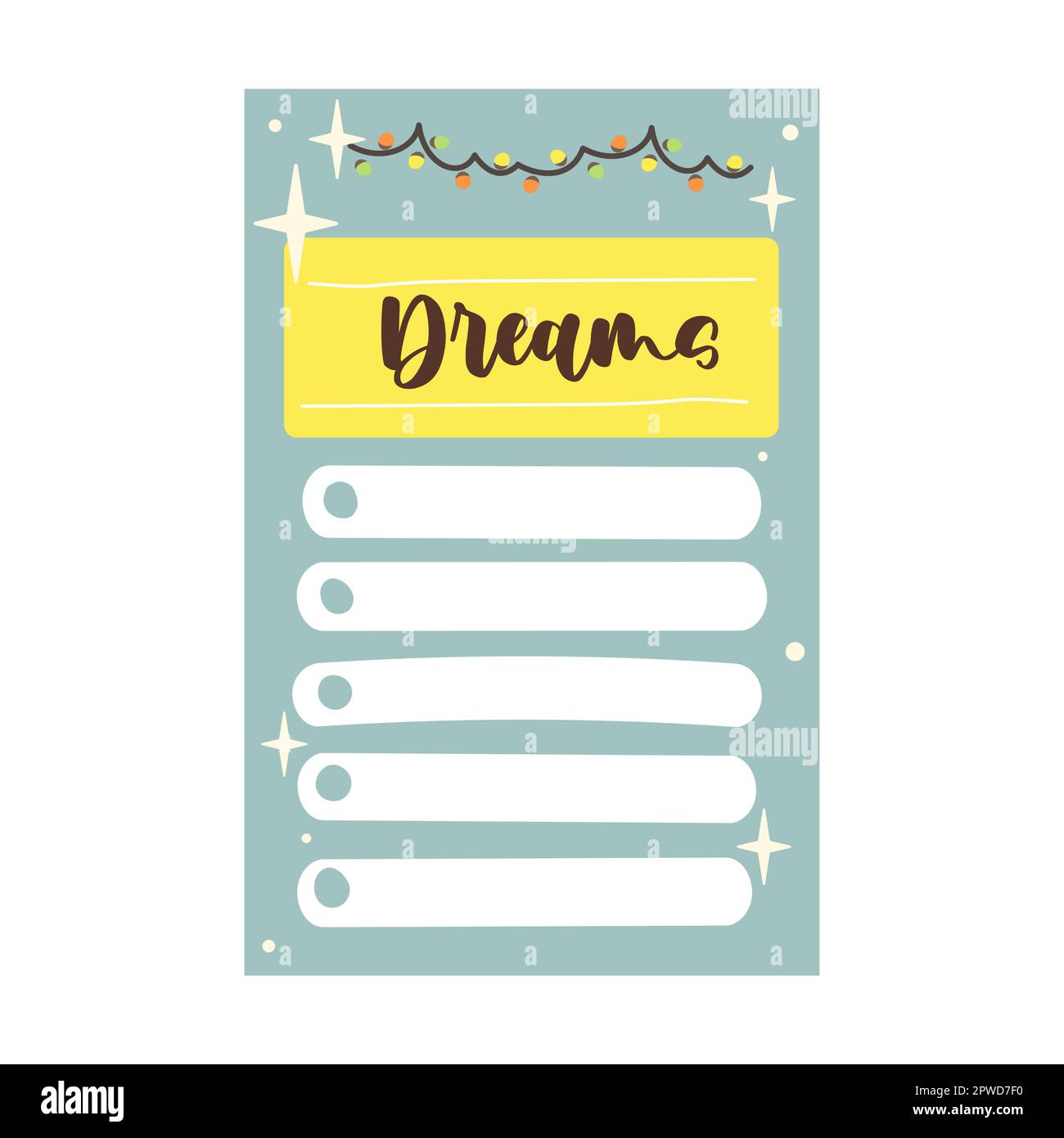 diary page with with fields for dreams, cartoon vector illustration. Cute daily planers with colorful patterns for notes, organized week Stock Vector