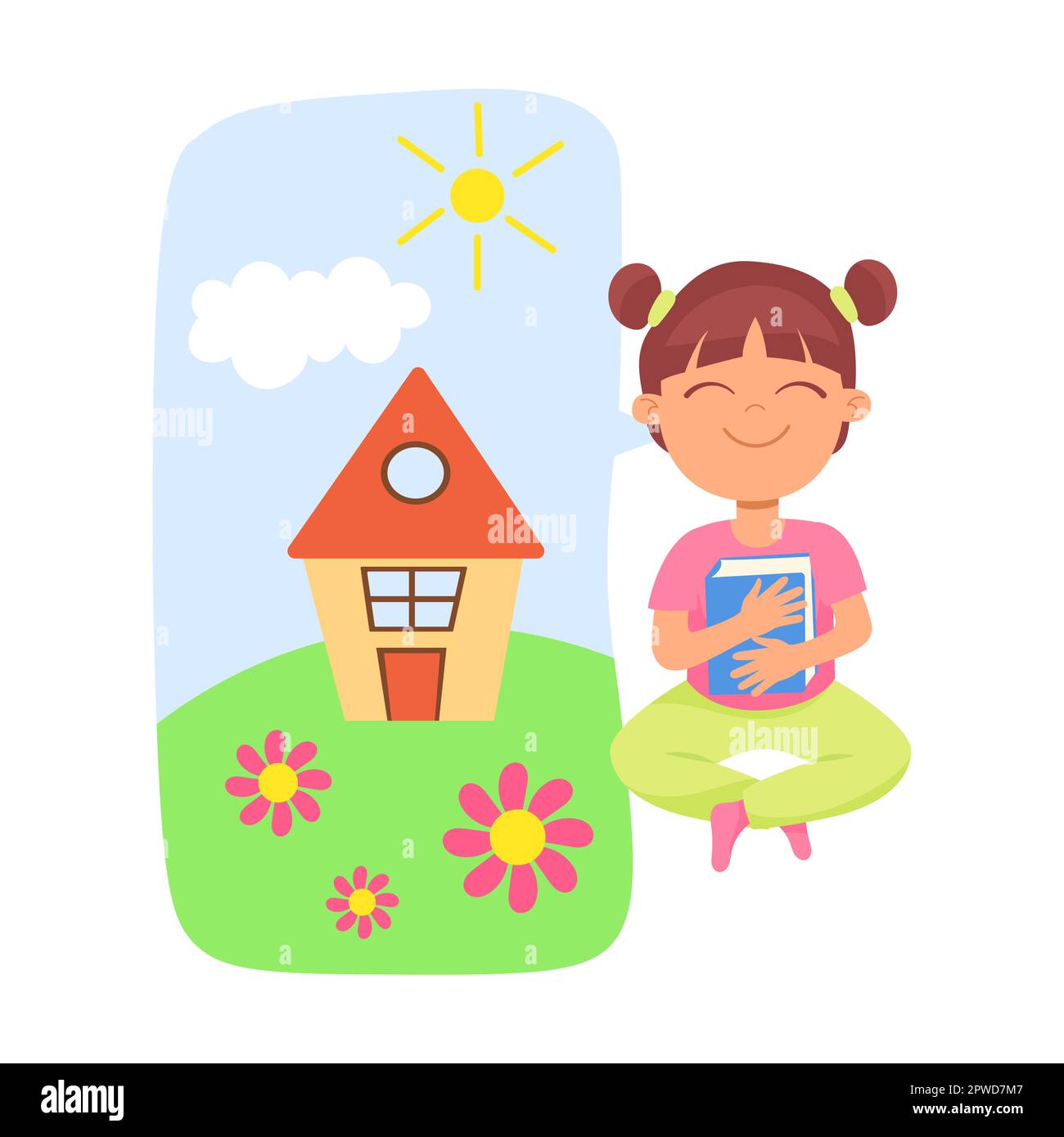 girl read book about summer holidays in countryside. Vector illustration of cute girl and boy with magic dreams. Cartoon amazed children isolated on Stock Vector
