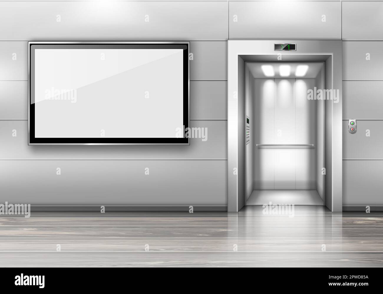 Realistic elevator with open door and TV screen on wall in office or